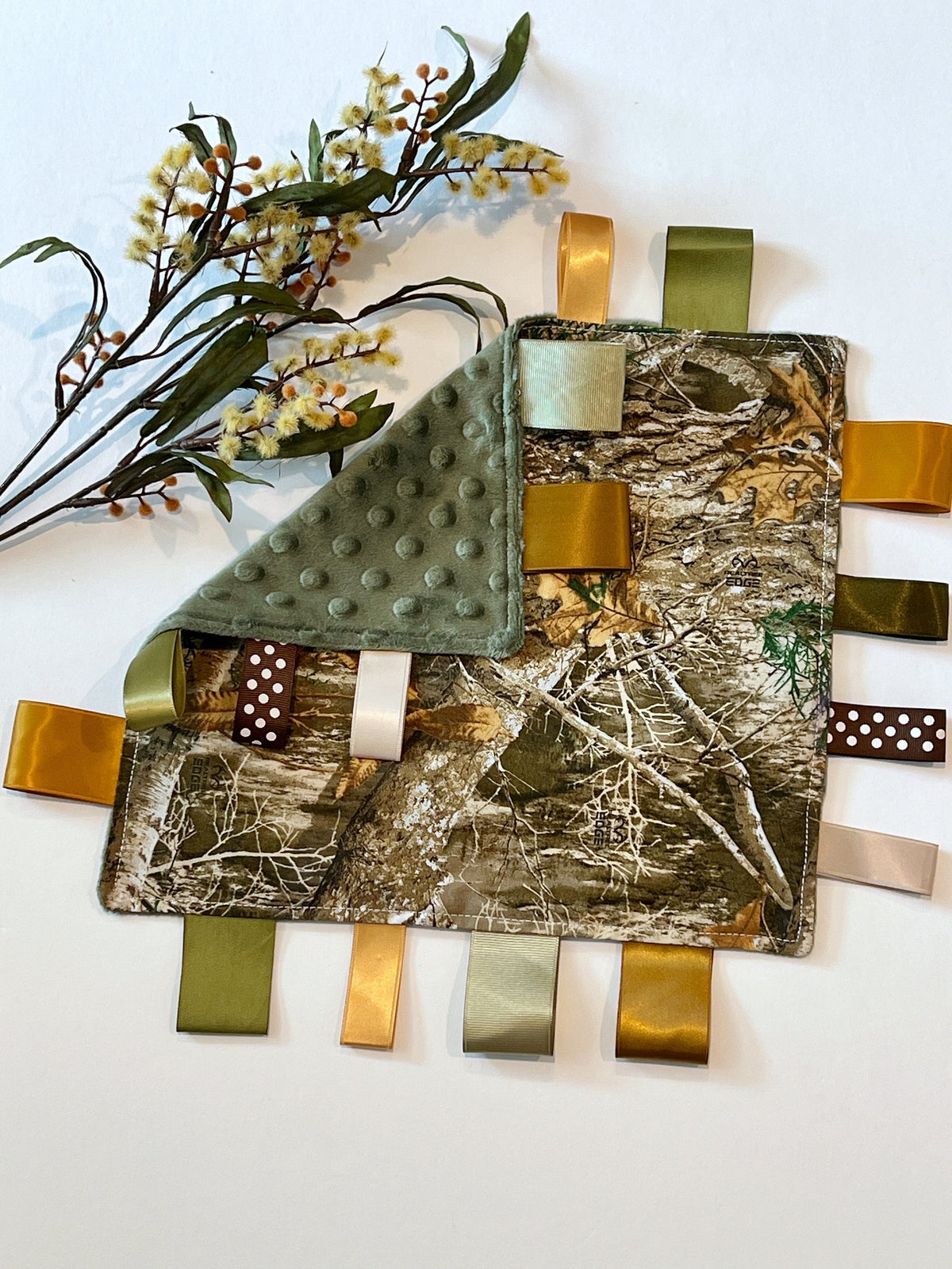 Camouflage sensory tag lovey for toy or comfort made from camo cotton fabric with minky back and choice of color, can personalize, baby gift