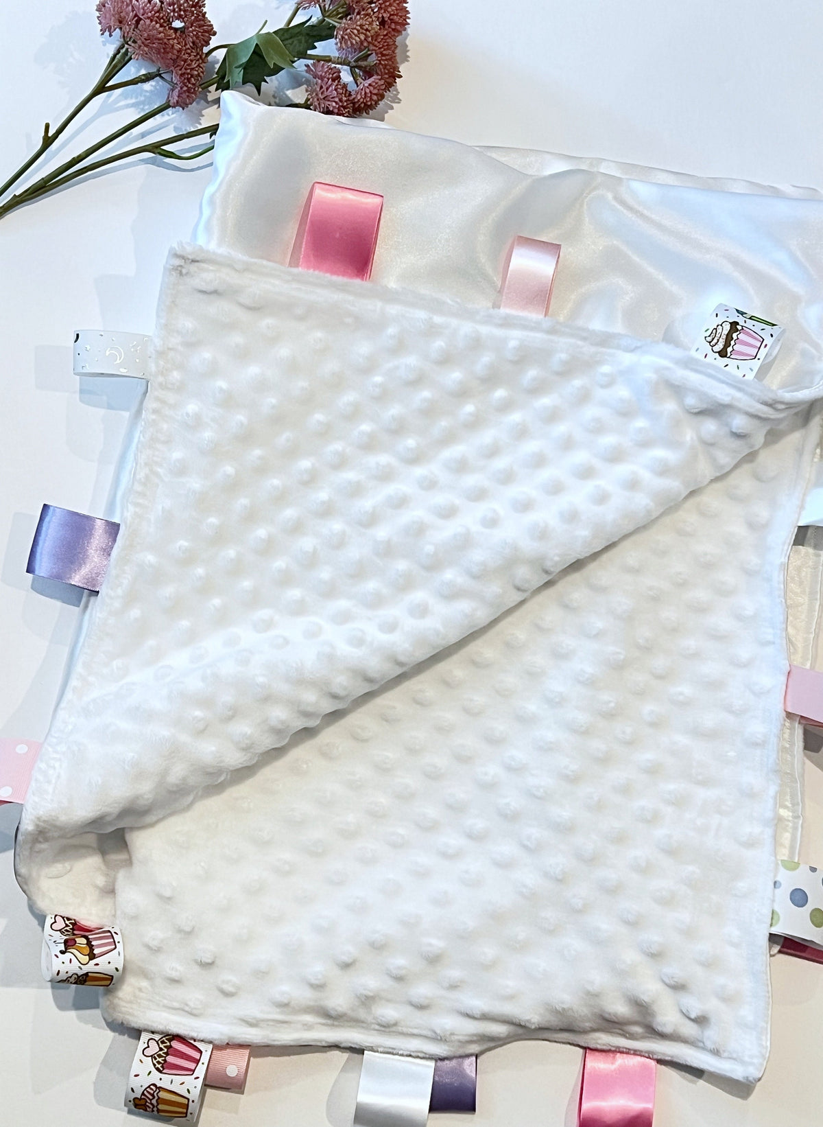 Satin and minky large sensory Blanket lovey with ribbon tags, personalized baby shower gift for baby boy or girl, 14”x 17”- choose colors