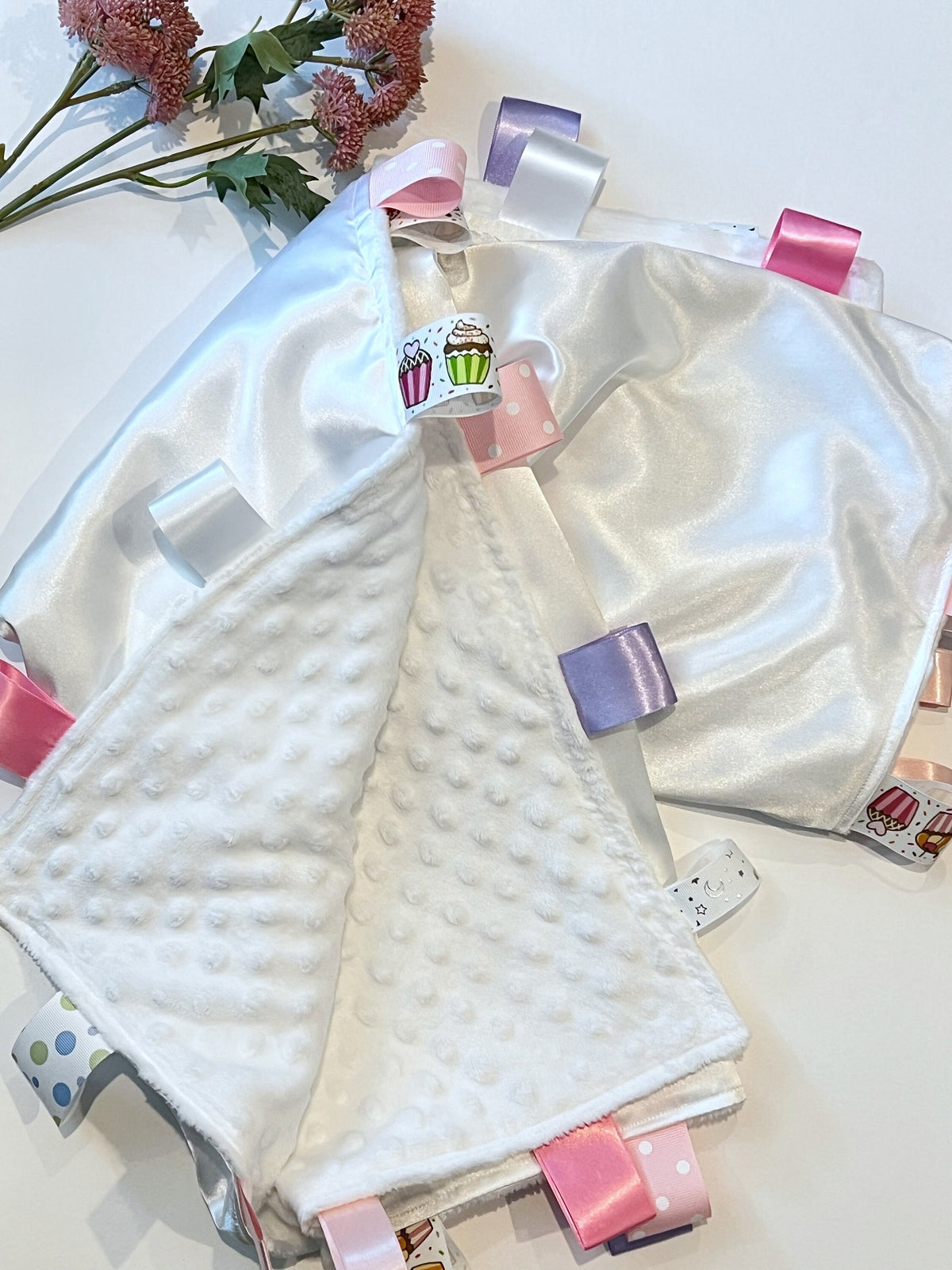 Large 20”x 28” satin and minky sensory baby blanket lovey with ribbon tags, or for any age boy or girl, personalize