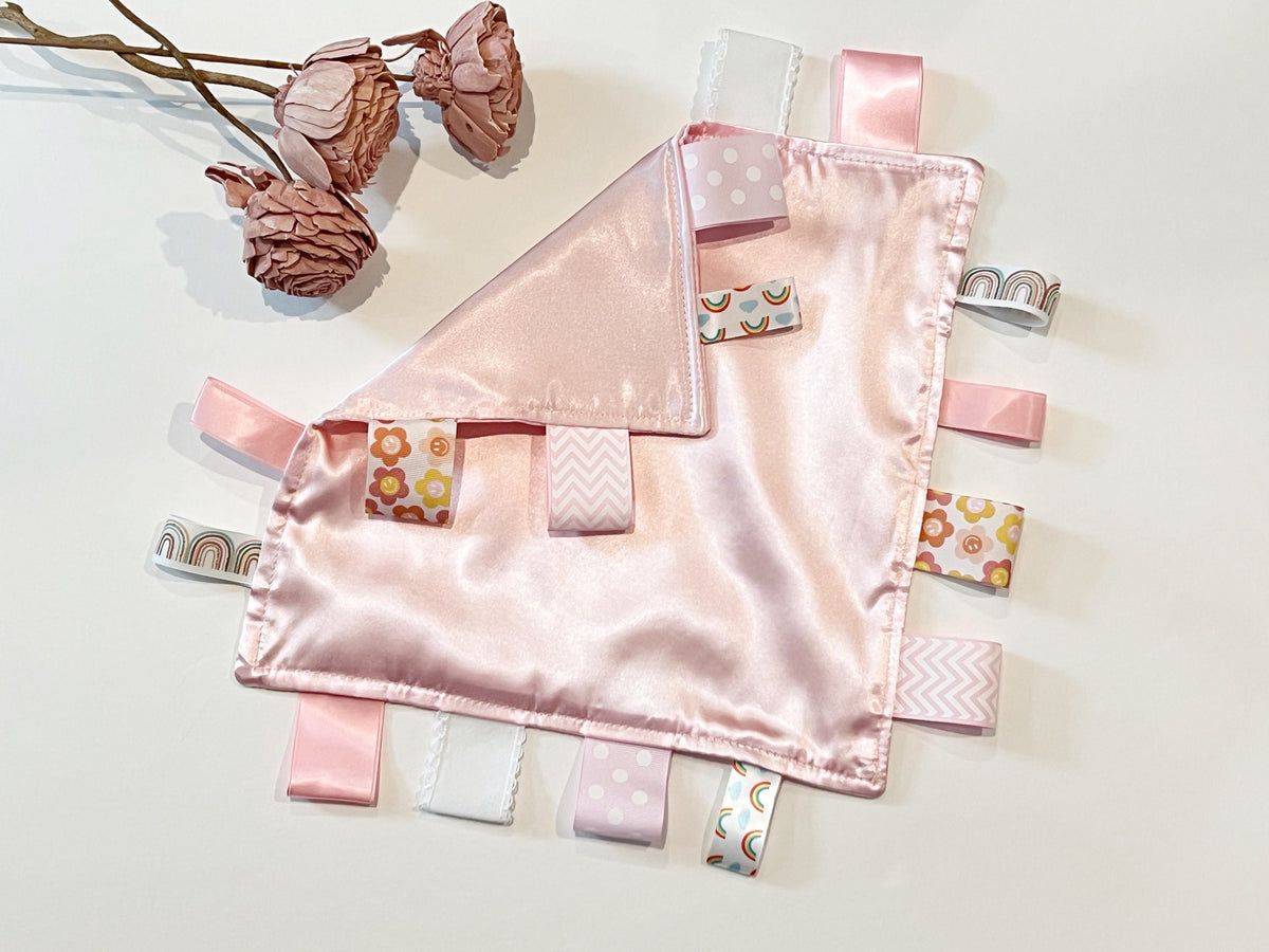 Double sided satin sensory lovey with or without ribbon tags, and batting layer, comfort for baby, adult, elderly, size 5” 12” 15” 18”or 24”
