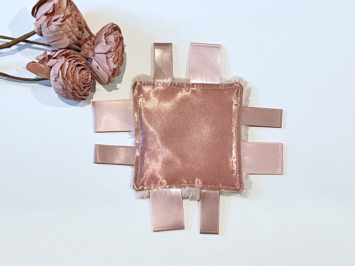 Purse or pocket 5” size Satin and minky sensory lovey with ribbon tags for comfort toy, baby shower gift for boy or girl or even adult