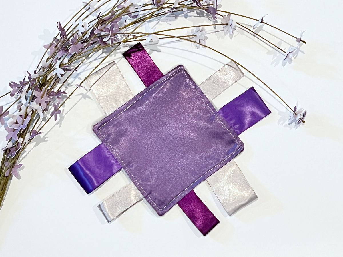 Purse or pocket 5” size Satin and minky sensory lovey with ribbon tags for comfort toy, gift for boy or girl or adult, purple, color choices