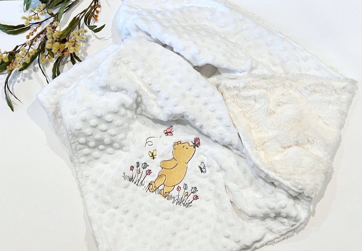 Classic Winnie the Pooh embroidered luxe fur and minky baby blanket with size, color options, free personalizing, for new mom or baby gift,