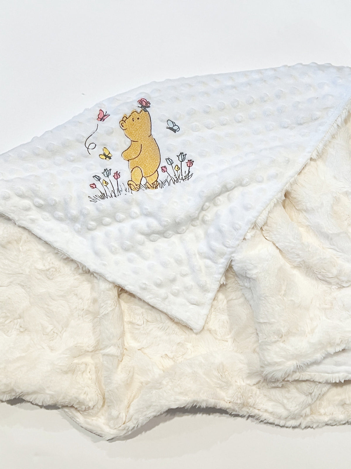 Classic Winnie the Pooh embroidered luxe fur and minky baby blanket with size, color options, free personalizing, for new mom or baby gift,