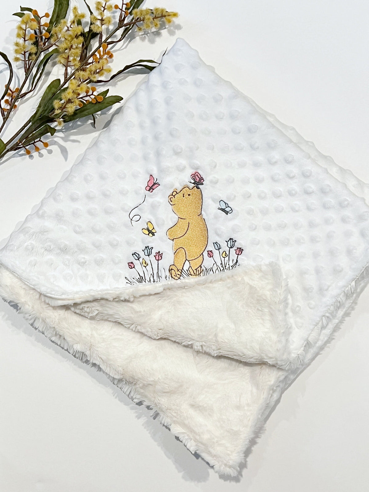 Classic Winnie the Pooh embroidered luxe fur and minky baby blanket with size, color options, free personalizing, for new mom or baby gift,