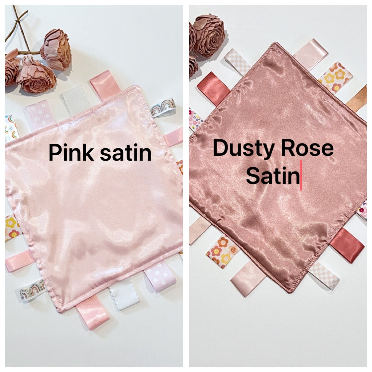 Double sided satin sensory lovey with or without ribbon tags, and batting layer, comfort for baby, adult, elderly, size 5” 12” 15” 18”or 24”