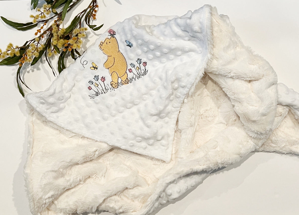 Classic Winnie the Pooh embroidered luxe fur and minky baby blanket with size, color options, free personalizing, for new mom or baby gift,