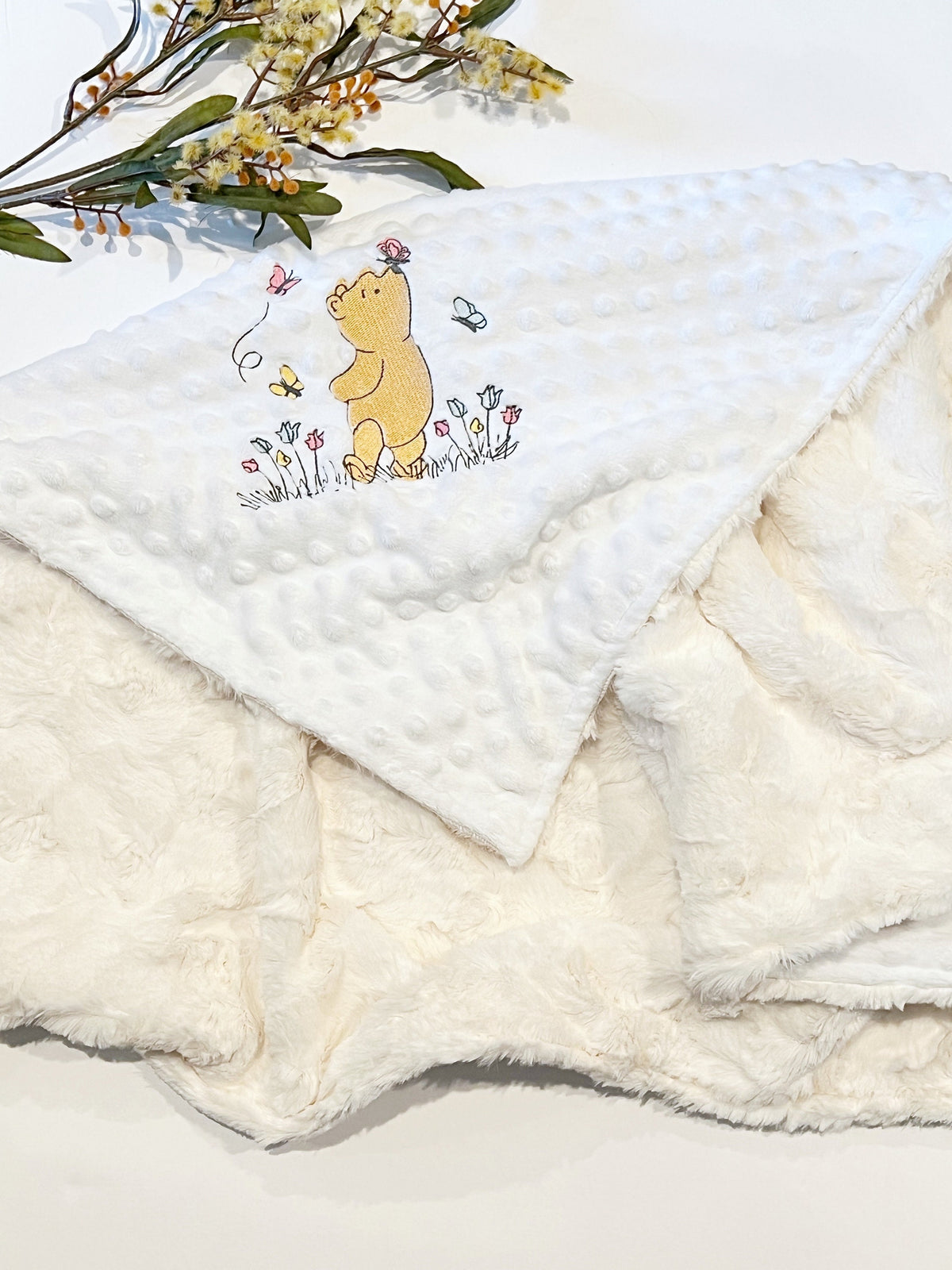 Classic Winnie the Pooh embroidered luxe fur and minky baby blanket with size, color options, free personalizing, for new mom or baby gift,