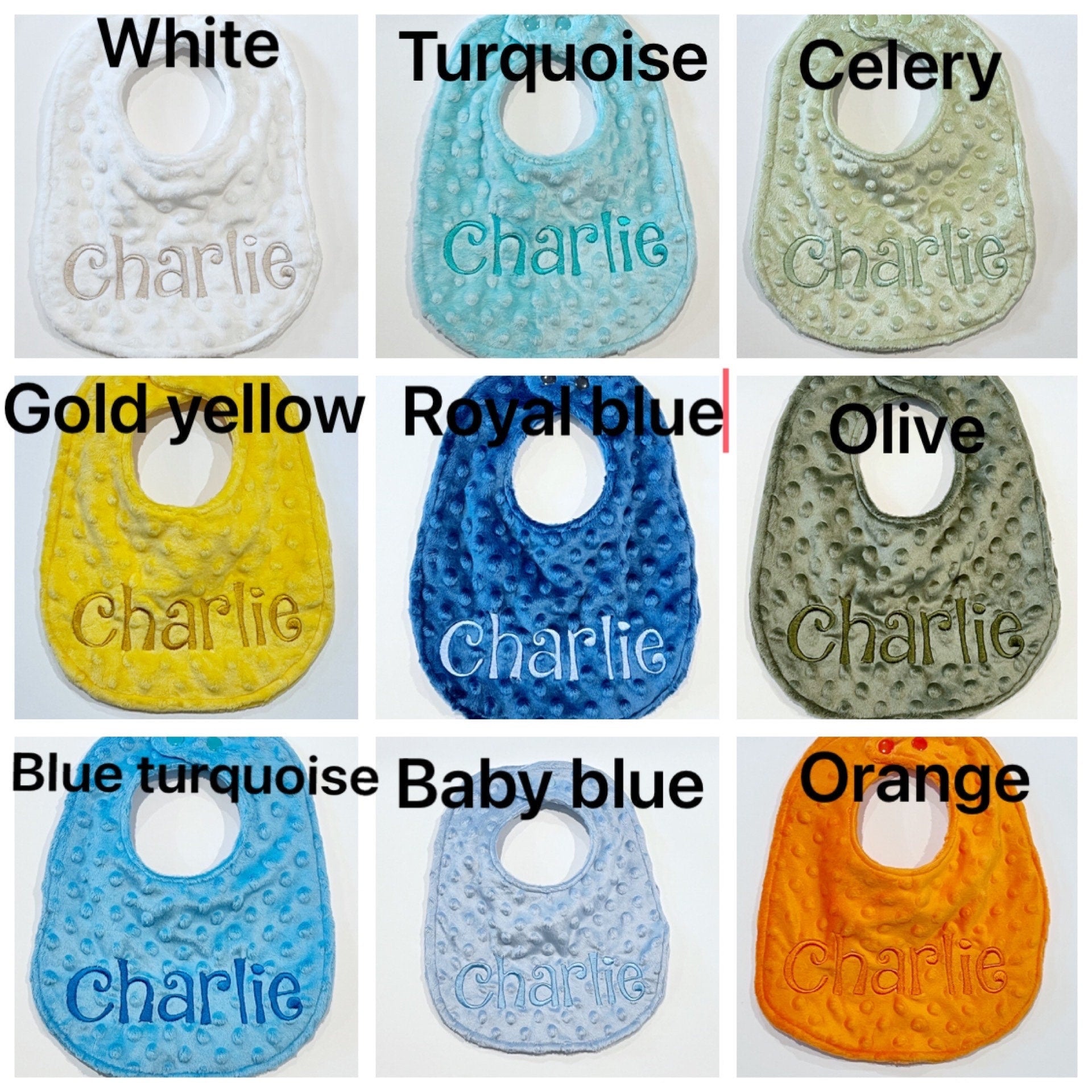 Double sided minky baby bib in solid boy or girl colors with personalized option, soft,  padded and absorbent, baby shower gift