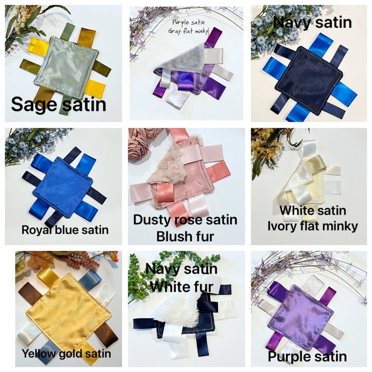 Purse or pocket 5” size Satin and minky sensory lovey with ribbon tags for comfort toy, baby shower gift for boy or girl or even adult