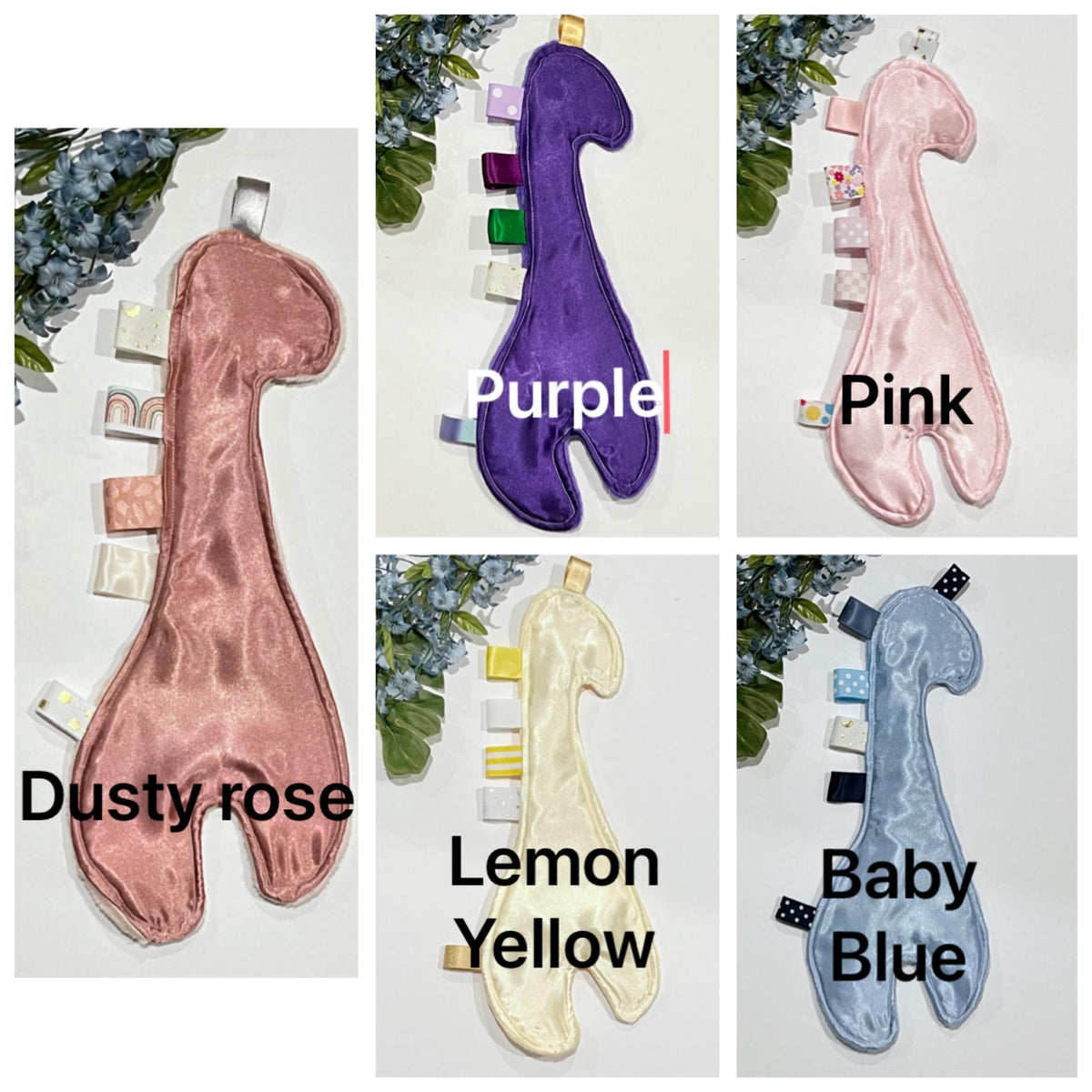 Giraffe shaped satin and minky sensory lovey wth ribbon tags, toy for baby or child, soothing and calming, 14", choose colors, add crinkle