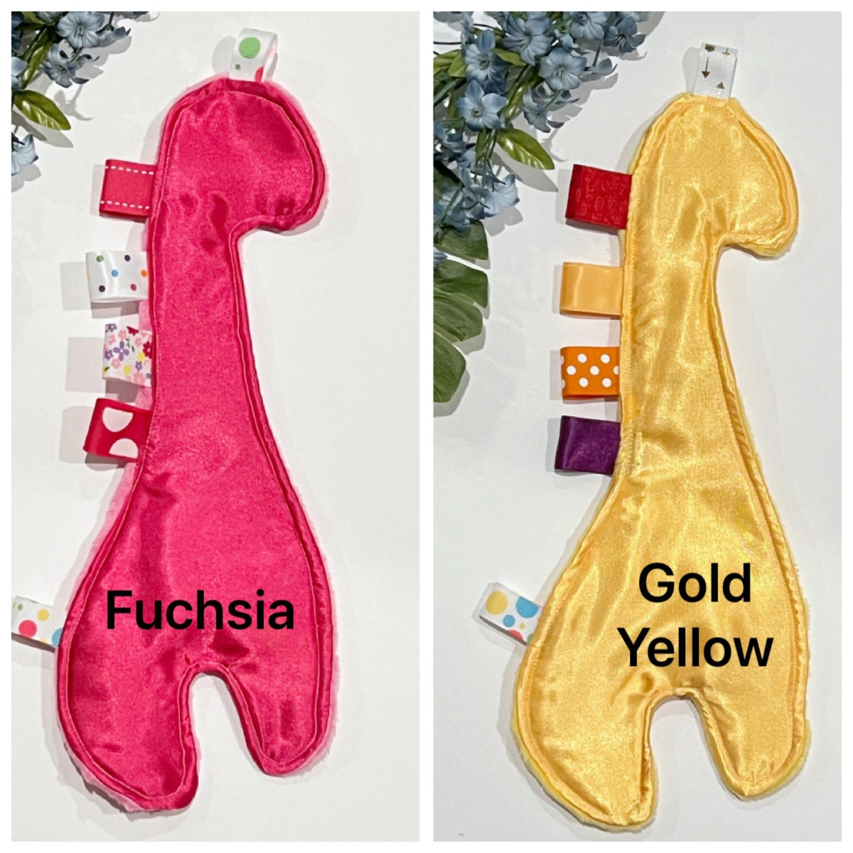 Giraffe shaped satin and minky sensory lovey wth ribbon tags, toy for baby or child, soothing and calming, 14", choose colors, add crinkle