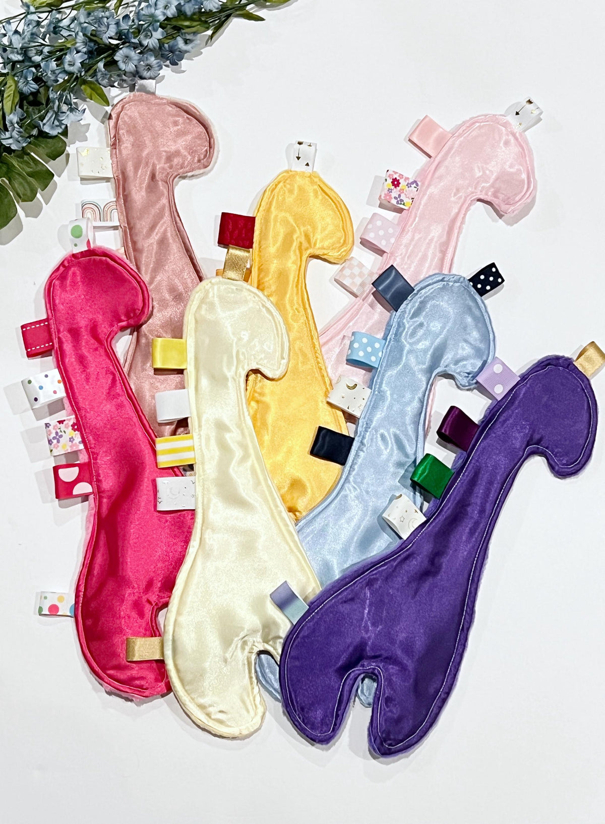 Giraffe shaped satin and minky sensory lovey wth ribbon tags, toy for baby or child, soothing and calming, 14", choose colors, add crinkle