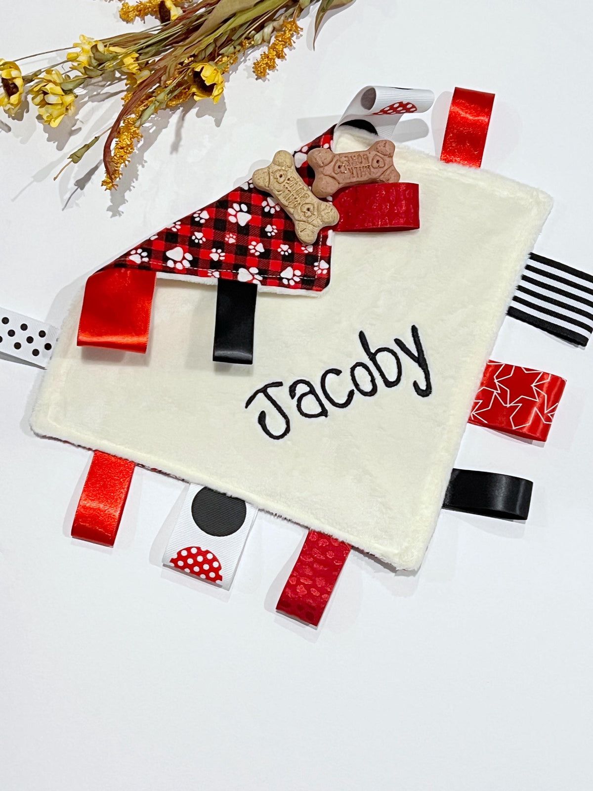 Paw Print Flannel Sensory Lovey: Minky Blanket with Ribbon Tags add crinkle 12” size