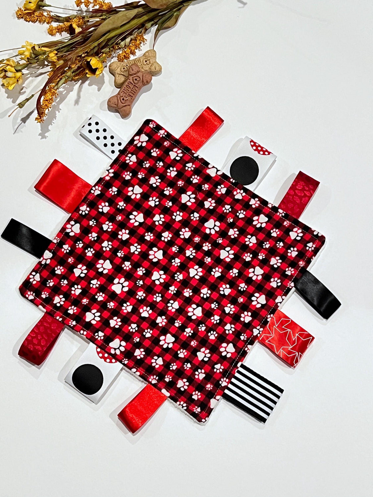 Paw Print Flannel Sensory Lovey: Minky Blanket with Ribbon Tags add crinkle 12” size
