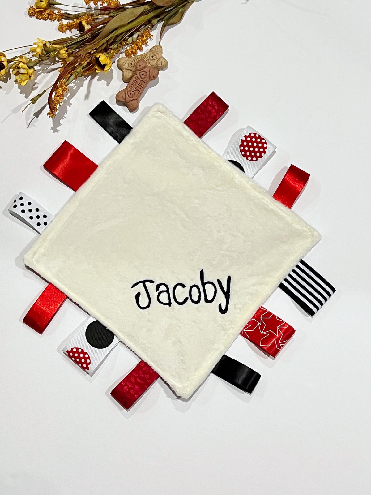 Paw Print Flannel Sensory Lovey: Minky Blanket with Ribbon Tags add crinkle 12” size