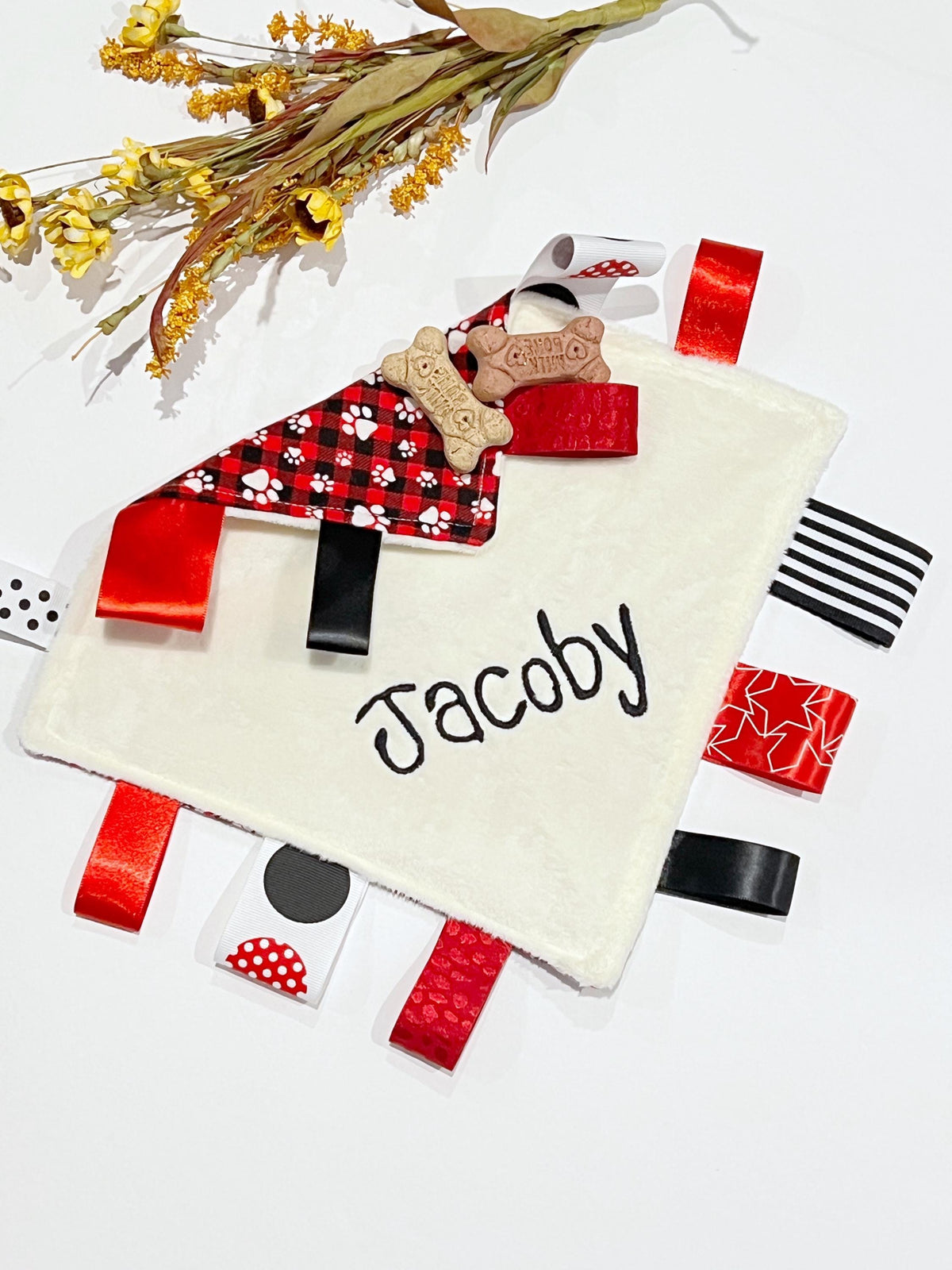 Paw Print Flannel Sensory Lovey: Minky Blanket with Ribbon Tags add crinkle 12” size