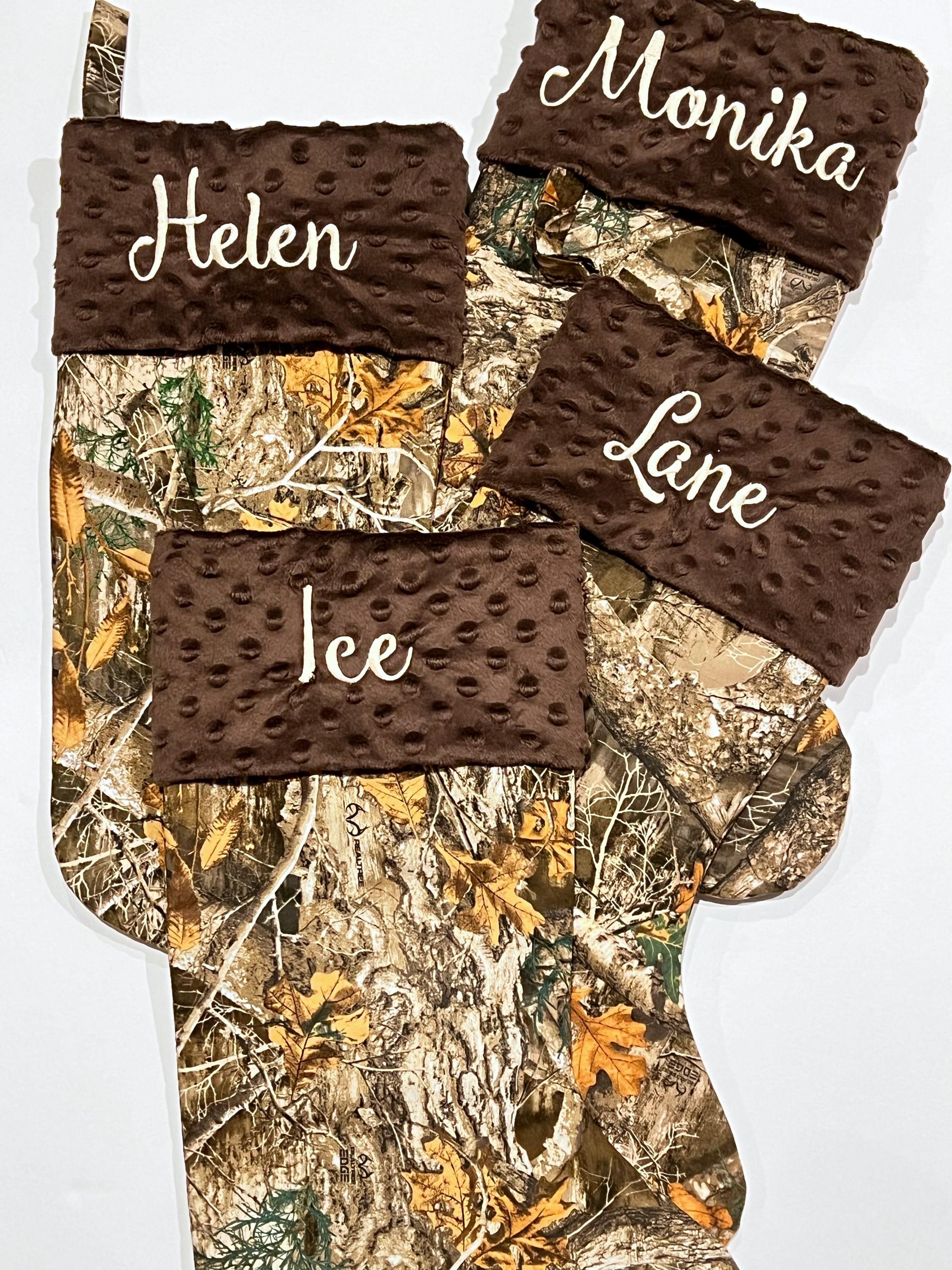 Personalized Christmas stocking for hunting fans in hunter camouflage with minky dot cuff of color choice  18” fully lined pink camo option