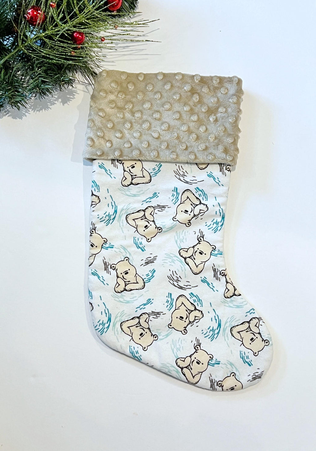 Personalized Christmas stocking for baby child or adult made from classic Winnie the Pooh flannel fully lined stocking with minky cuff 18”