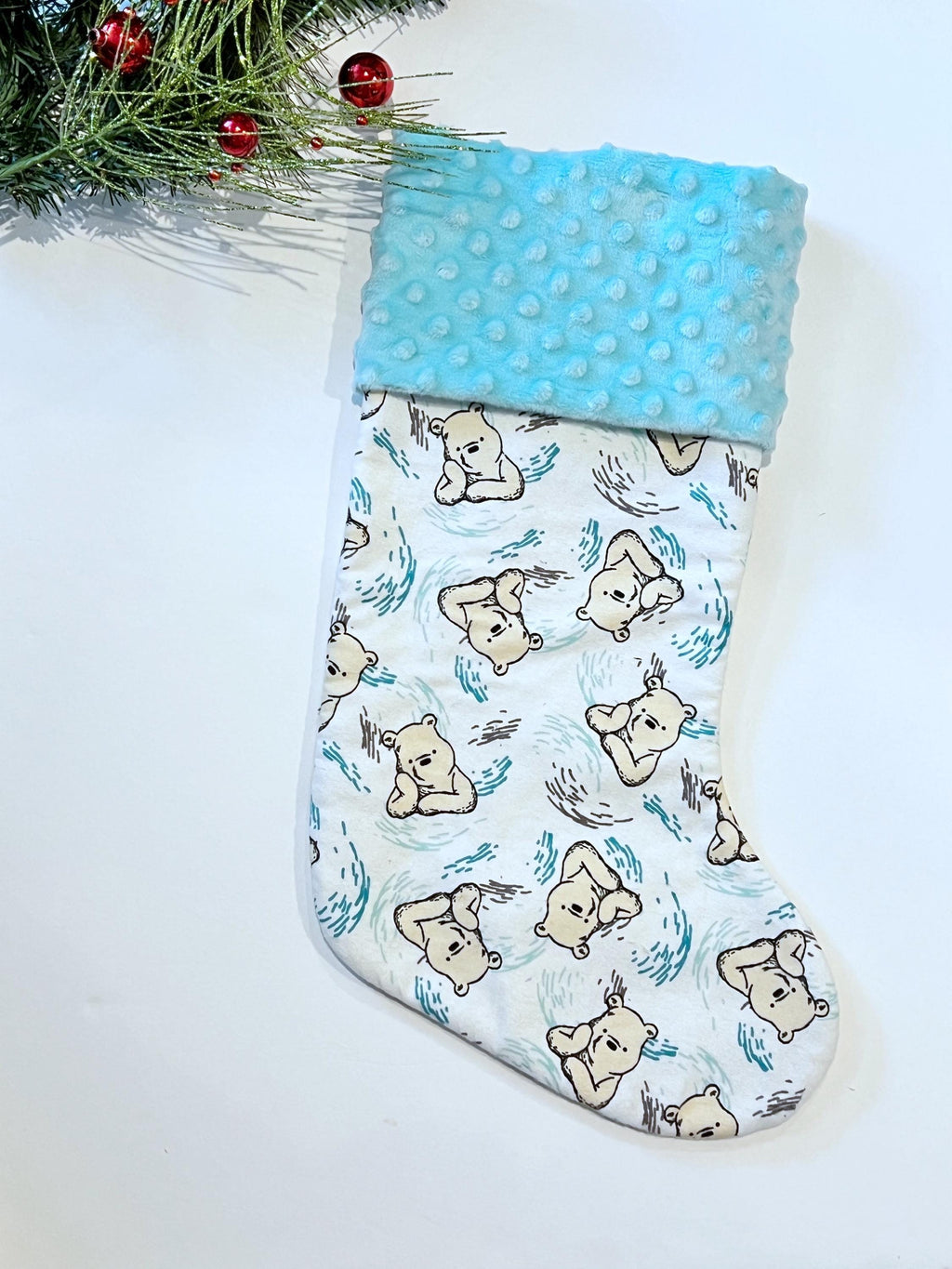 Personalized Christmas stocking for baby child or adult made from classic Winnie the Pooh flannel fully lined stocking with minky cuff 18”