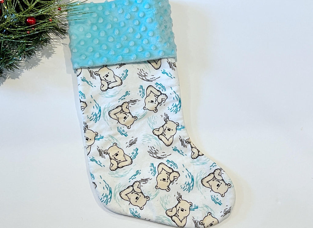 Personalized Christmas stocking for baby child or adult made from classic Winnie the Pooh flannel fully lined stocking with minky cuff 18”