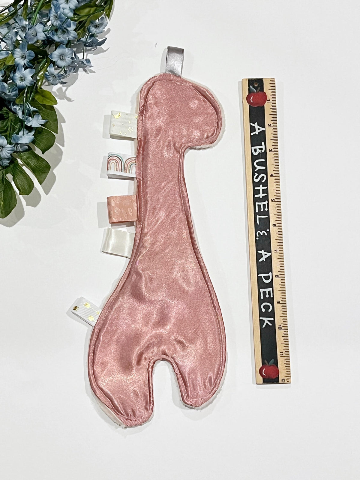 Giraffe shaped satin and minky sensory lovey wth ribbon tags, toy for baby or child, soothing and calming, 14", choose colors, add crinkle