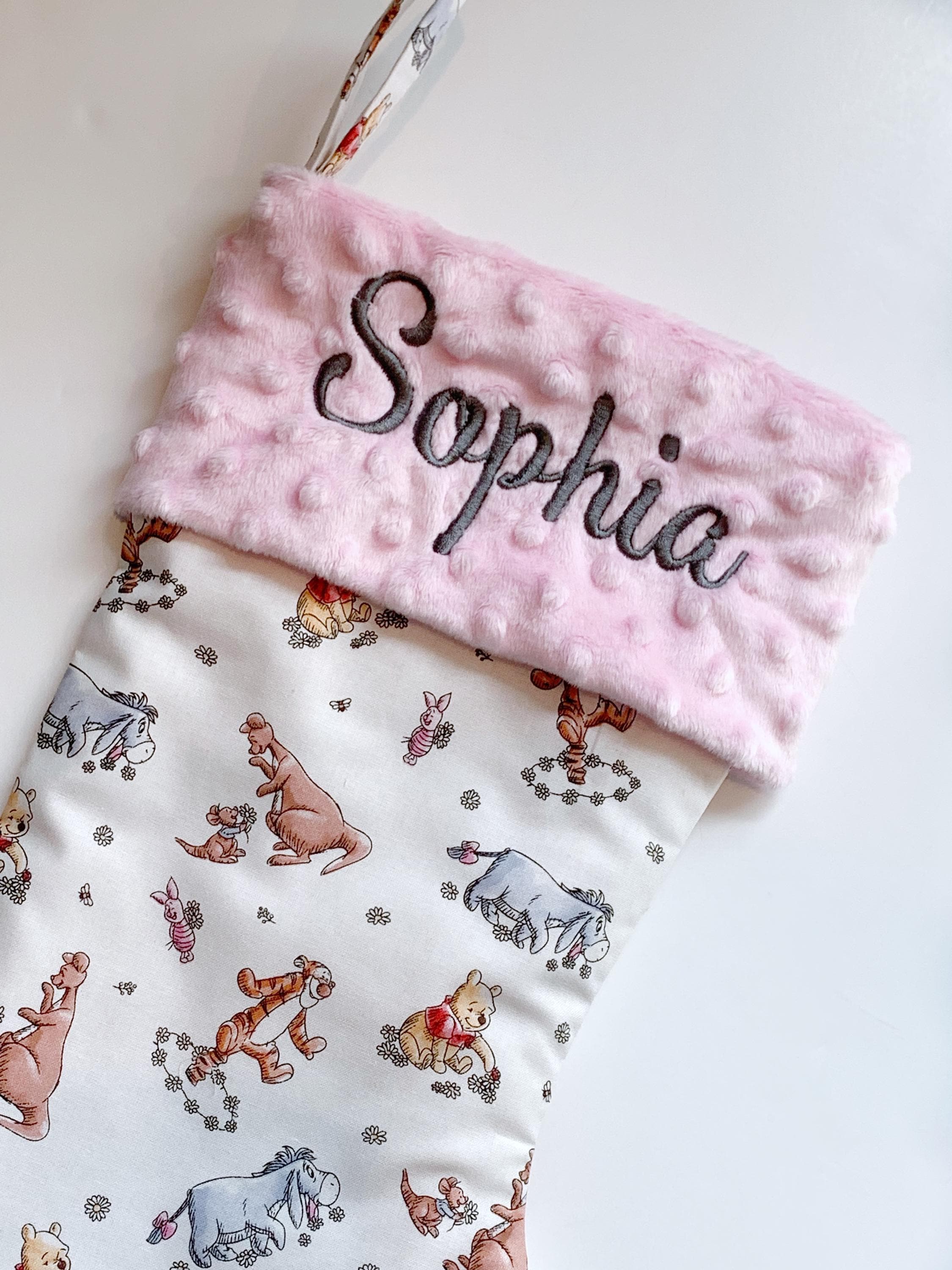Personalize option Christmas stocking for baby to adult made from Winnie the Pooh fabric, fully lined