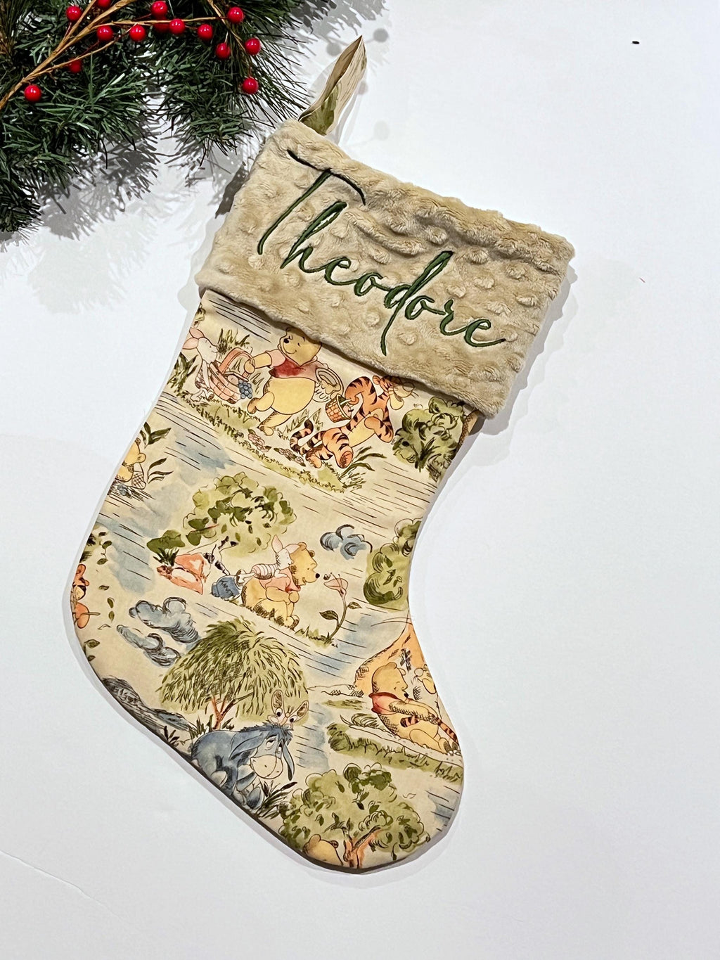 Personalized Christmas stocking for baby child and adult made from Winnie the Pooh fabric, 18” or 22” lined stocking in Cotton and Minky