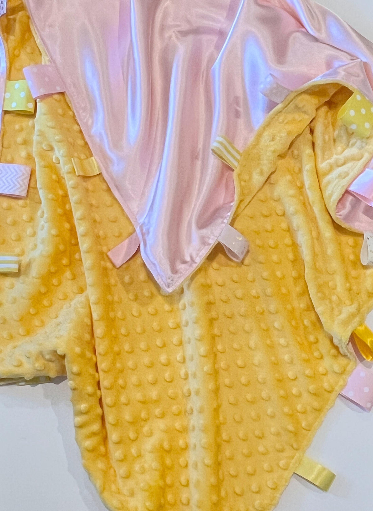 Personalize Satin and minky 30” x 40” large sensory Blanket with ribbon tags for girl or boy, baby or toddler, choose colors