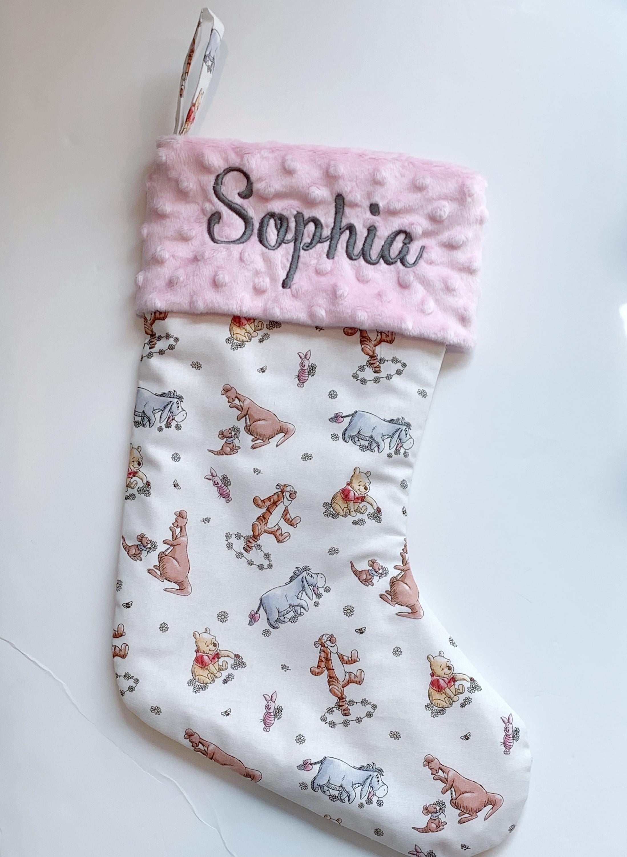 Personalize option Christmas stocking for baby to adult made from Winnie the Pooh fabric, fully lined
