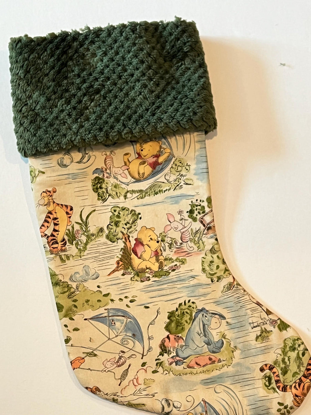 Personalized Christmas stocking for baby child and adult made from Winnie the Pooh fabric, 18” or 22” lined stocking in Cotton and Minky