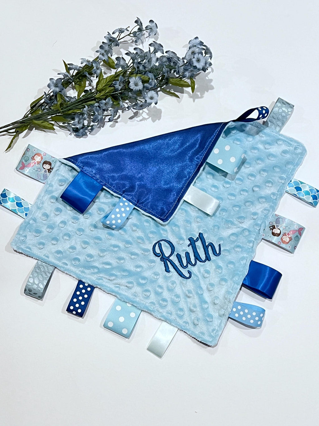 Personalized Satin Minky Ribbon Tag Lovey: 12" Sensory Blanket
