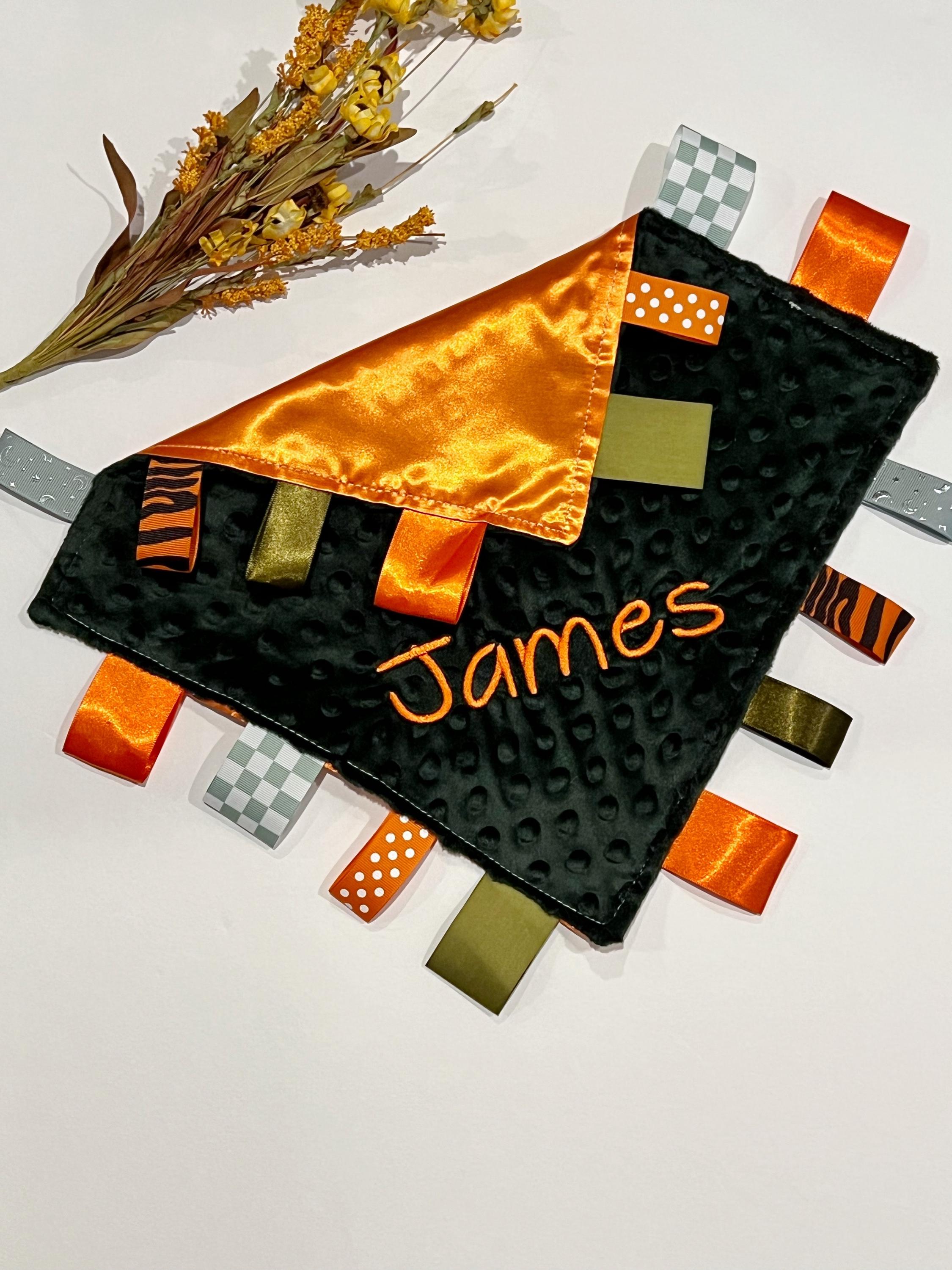 Personalized Satin Minky Ribbon Tag Lovey: 12" Sensory Blanket
