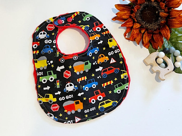Cars and trucks construction themed bib, choose minky back color for boy or girl shower gift, choose newborn or baby toddler size