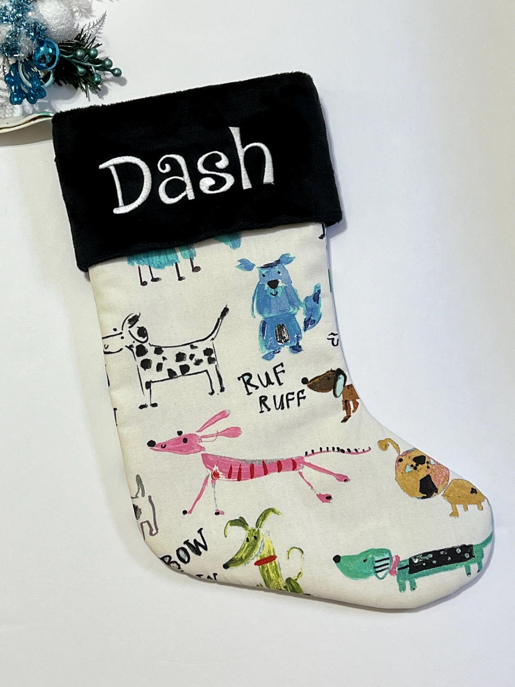 Primitive kid’s dog drawing pet Christmas stocking personalized for dog or puppy, fully lined, minky and duck cloth, 17”