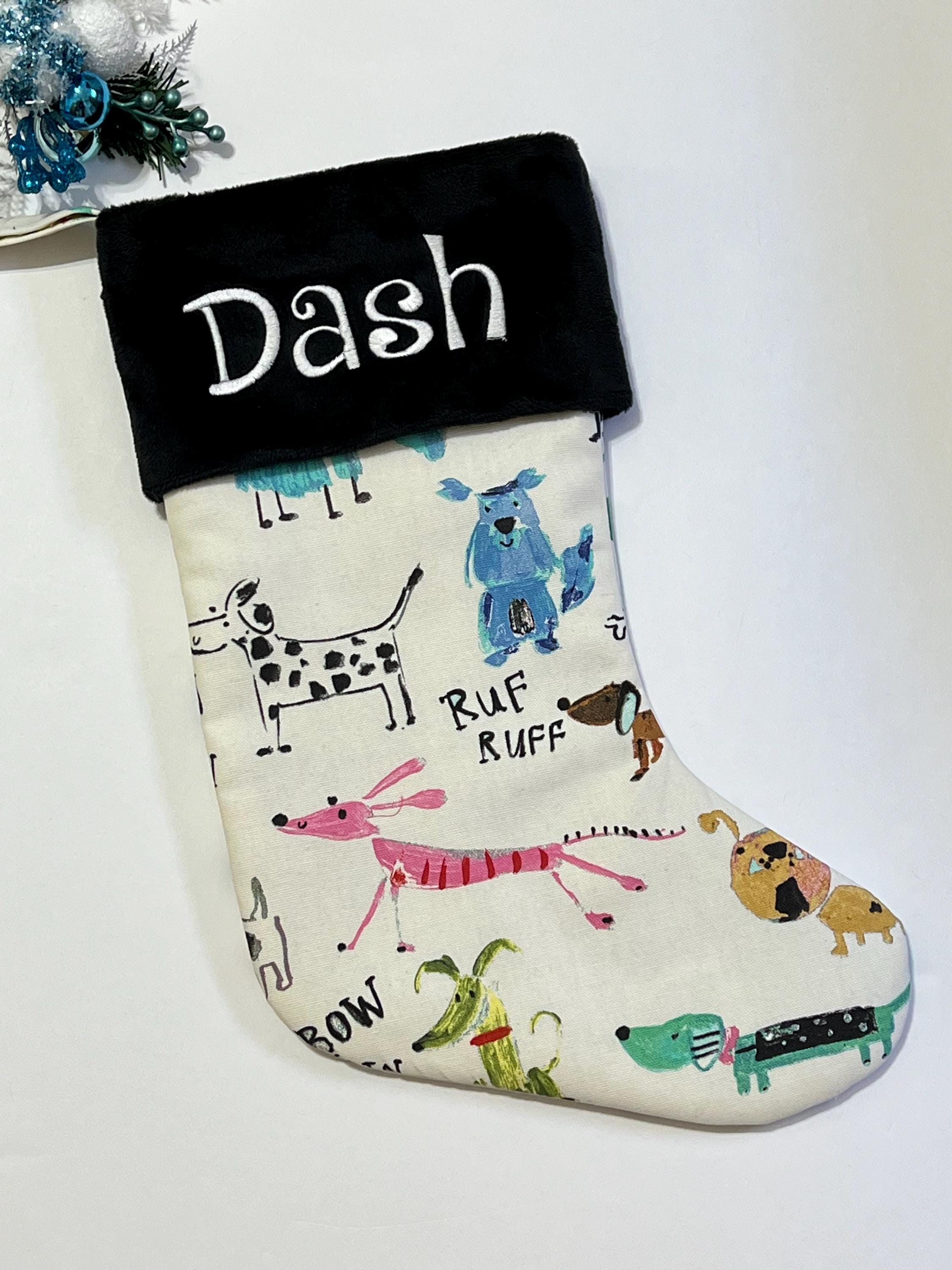 Primitive kid’s dog drawing pet Christmas stocking personalized for dog or puppy, fully lined, minky and duck cloth, 17”