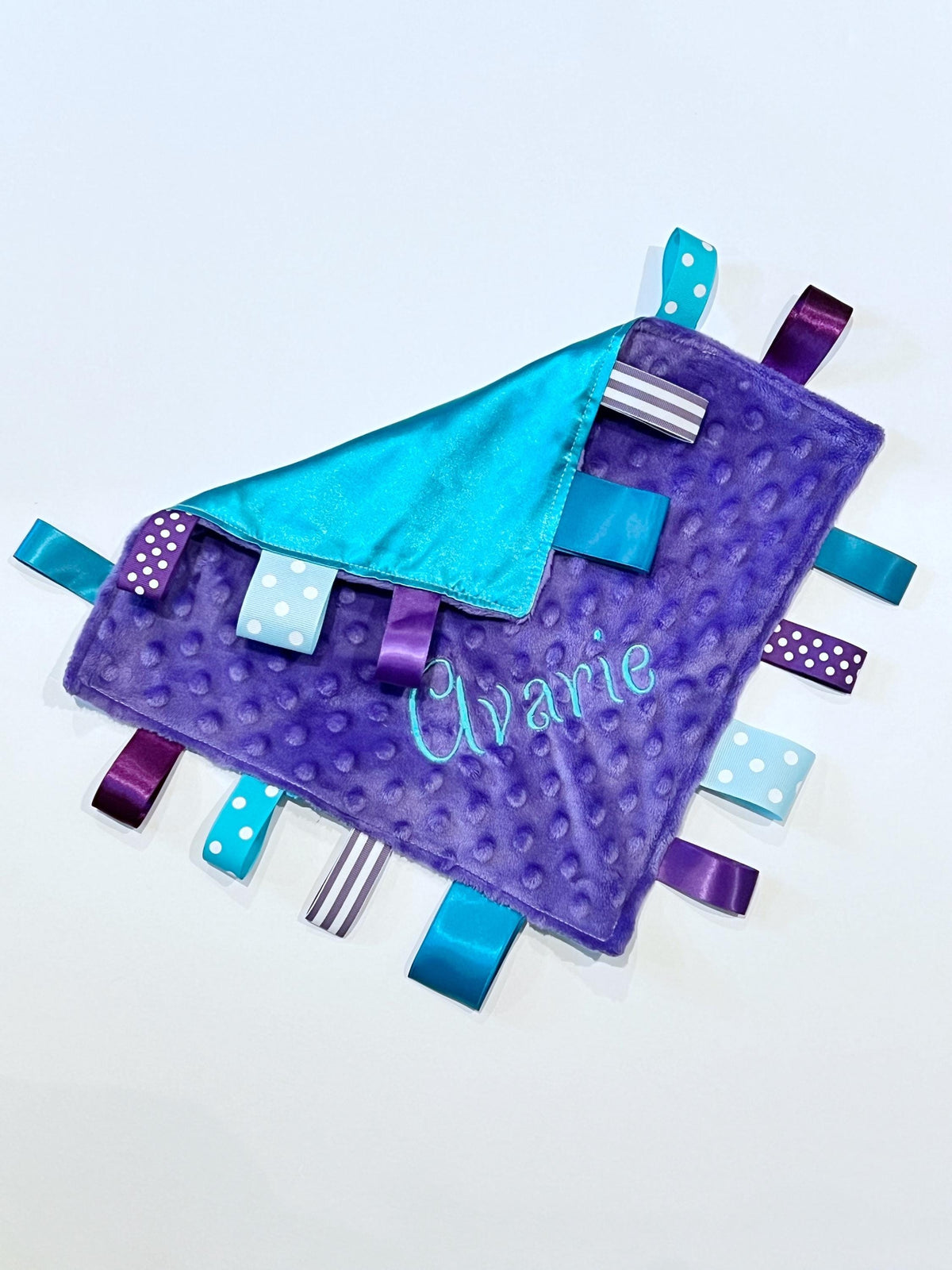 Satin and minky sensory Blanket lovey ~ ribbon tag ~ personalize sensory toy ~ baby shower gift ~ baby boy girl lovey - 12" - choose colors