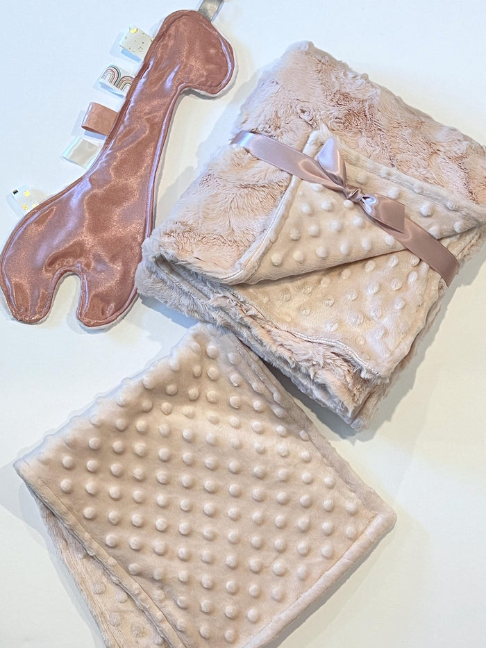 Nursery bedding Baby Blanket gift set made from blush minky and luxe fur with matching burp cloth and tag giraffe lovey, personalize, colors