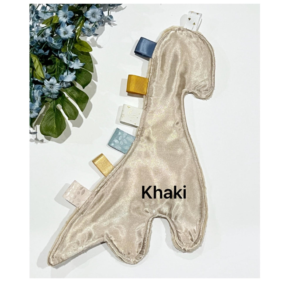 Dinosaur shaped satin and minky sensory lovey wth ribbon tags, toy for baby or child, soothing and calming, 12", choose colors, add crinkle