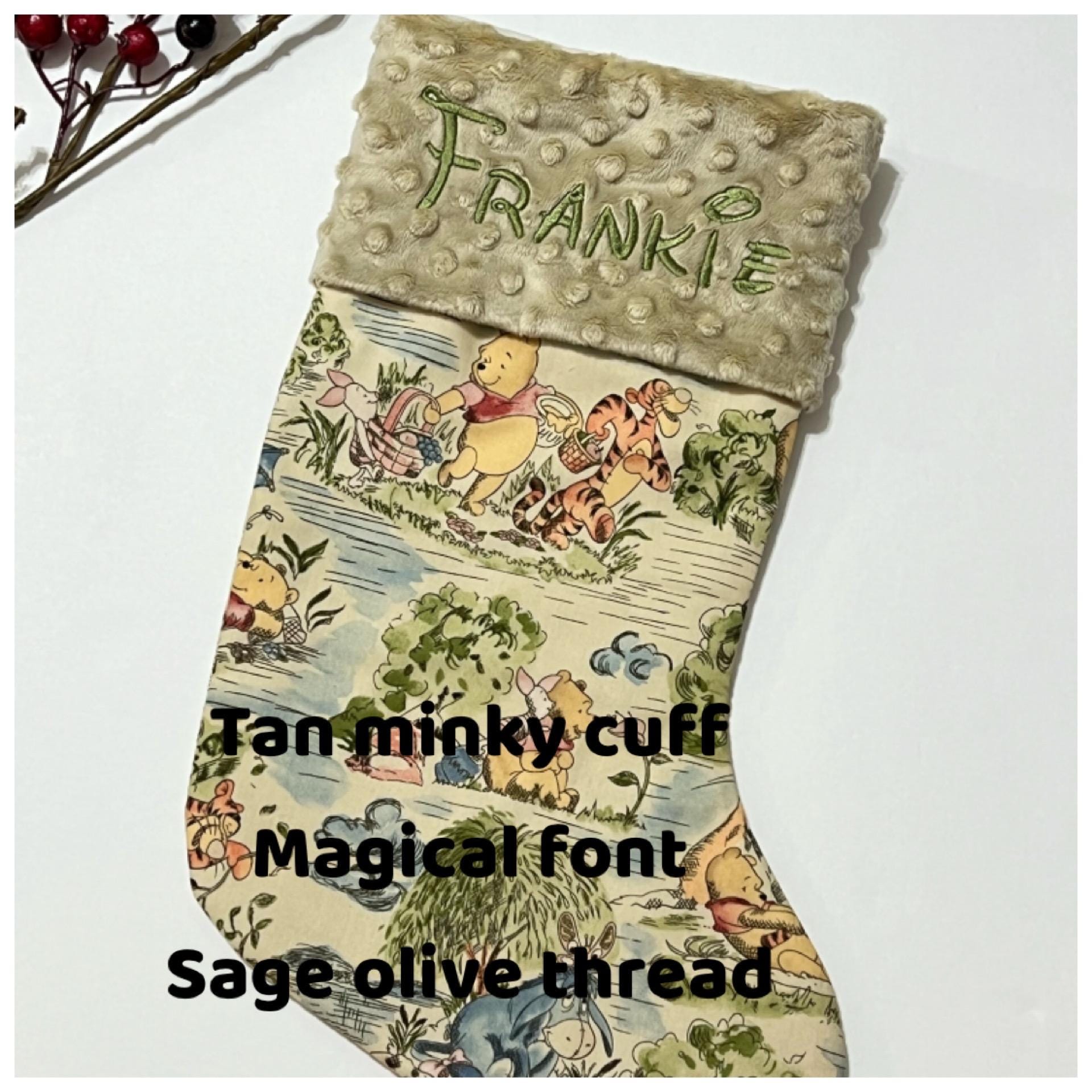 Personalized Christmas stocking for baby child or adult made from Winnie the Pooh fabric and fully  lined, Cotton and Minky or fur cuff 18”