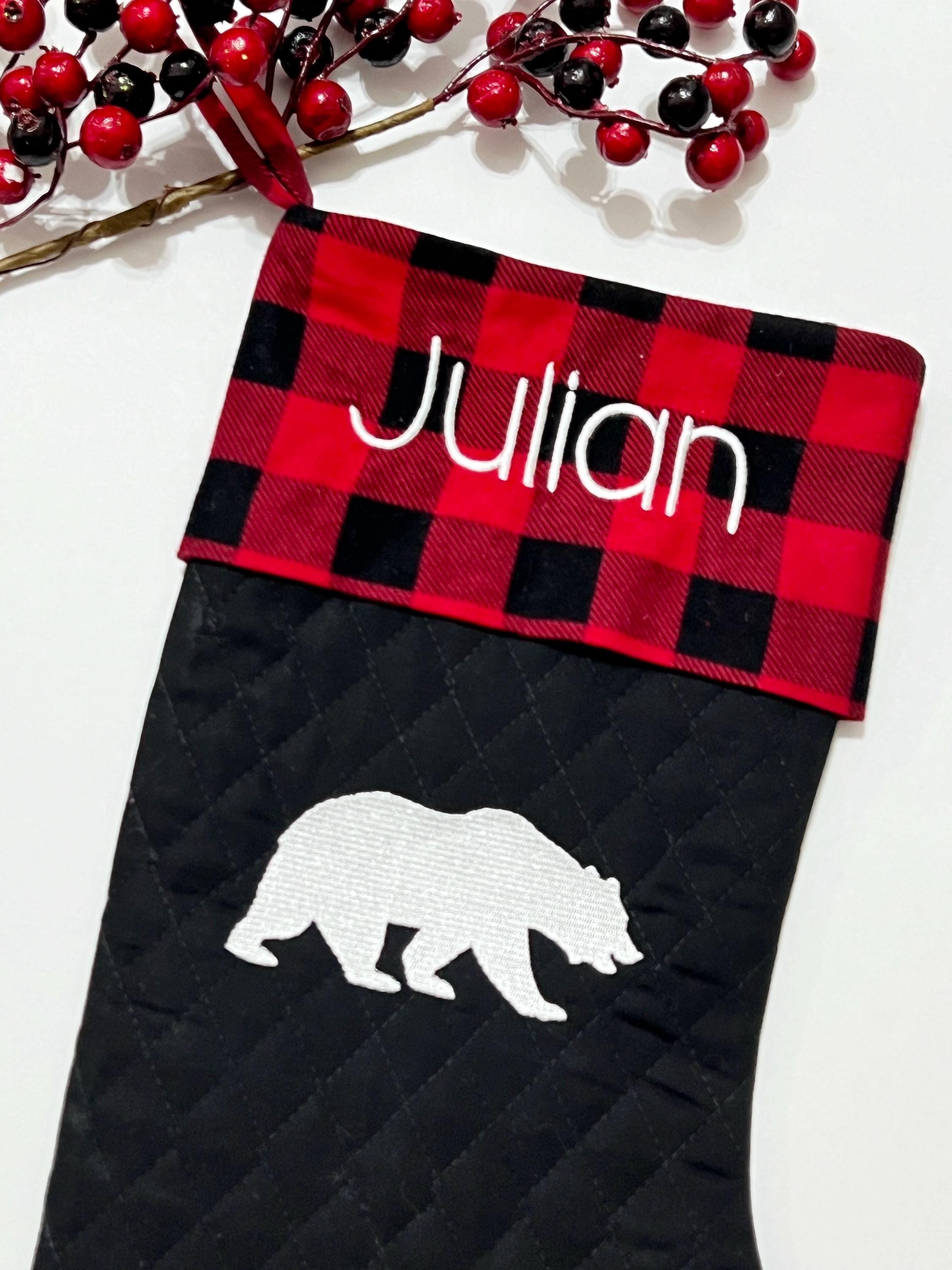 Embroidered Bear personalized Christmas stocking made from quilted fabric, add name on buffalo plaid cuff and fully lined, 18”, color choice