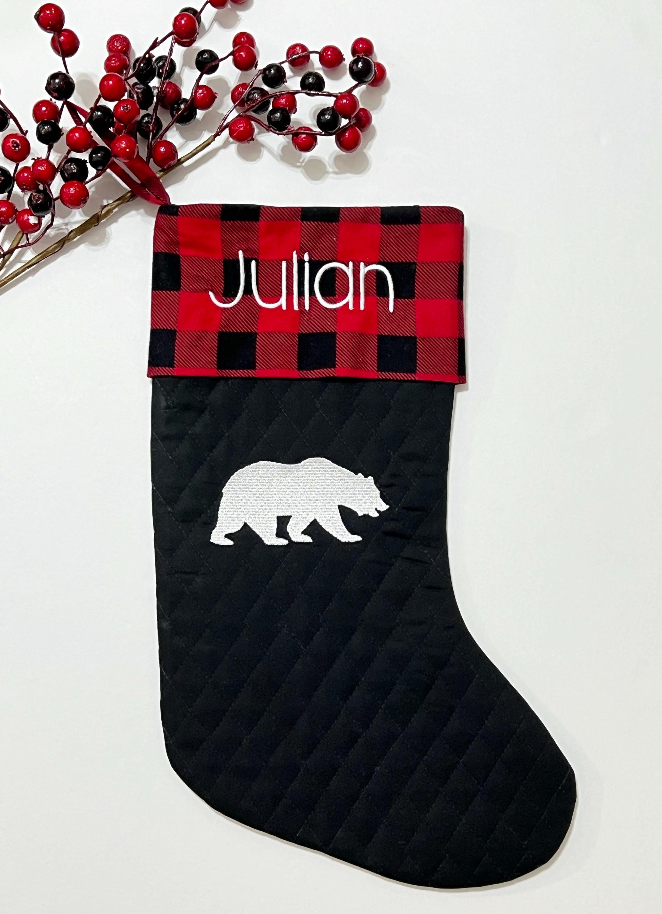 Embroidered Bear personalized Christmas stocking made from quilted fabric, add name on buffalo plaid cuff and fully lined, 18”, color choice