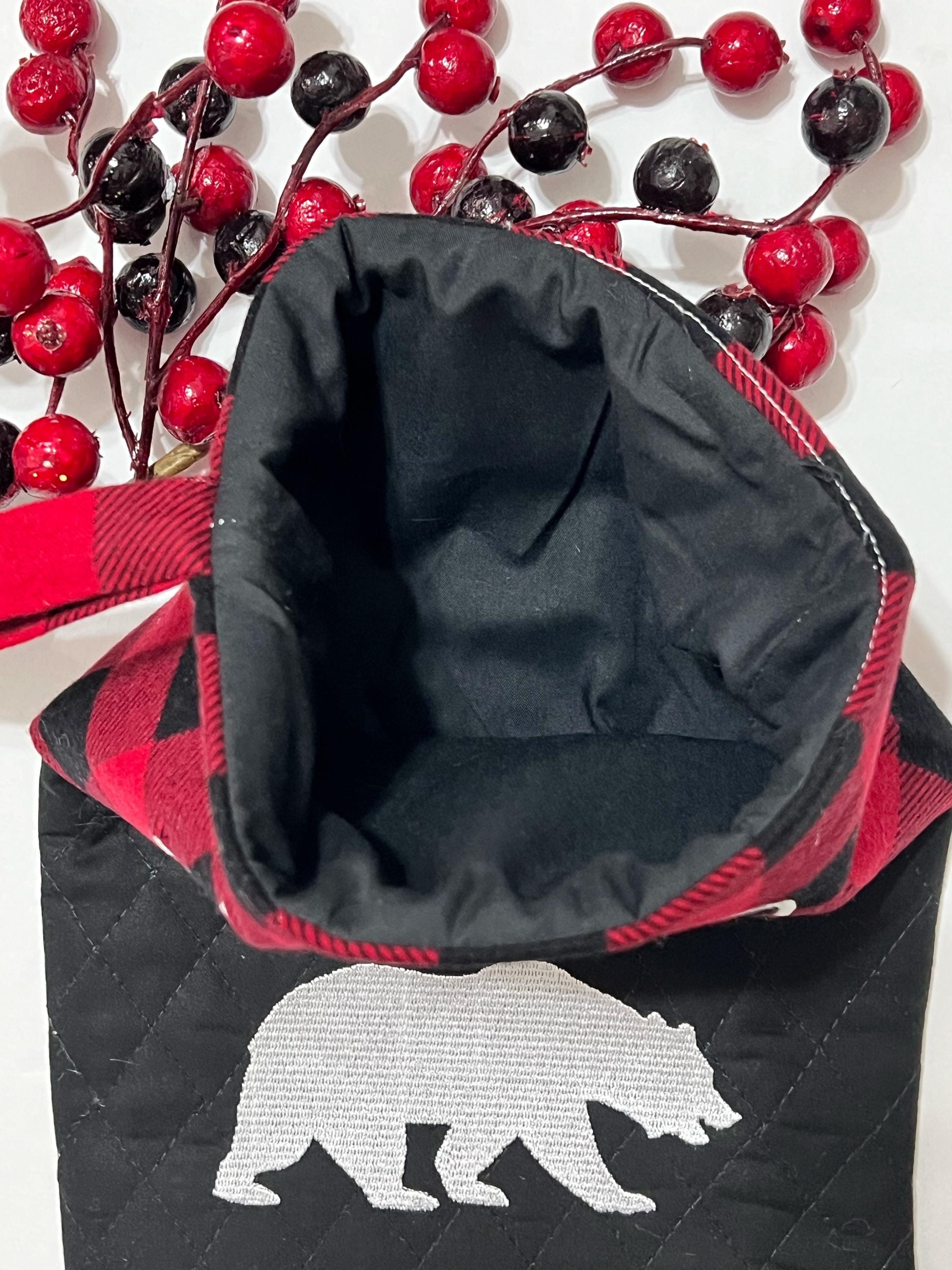 Embroidered Bear personalized Christmas stocking made from quilted fabric, add name on buffalo plaid cuff and fully lined, 18”, color choice
