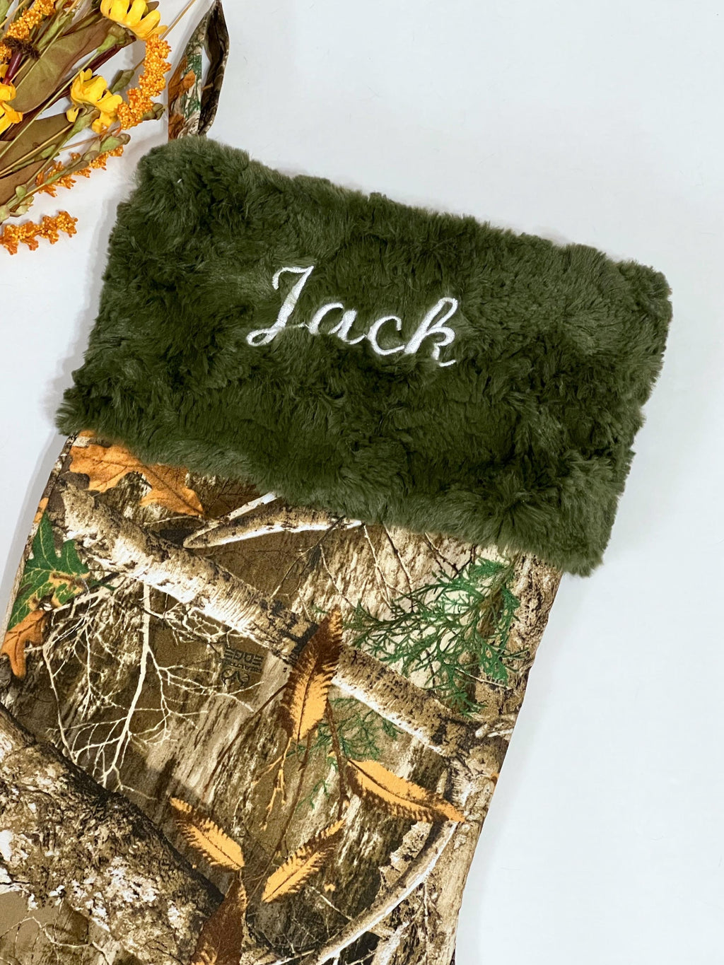 Personalized Christmas stocking for hunting fans in hunter camouflage with minky dot cuff of color choice  18” fully lined pink camo option