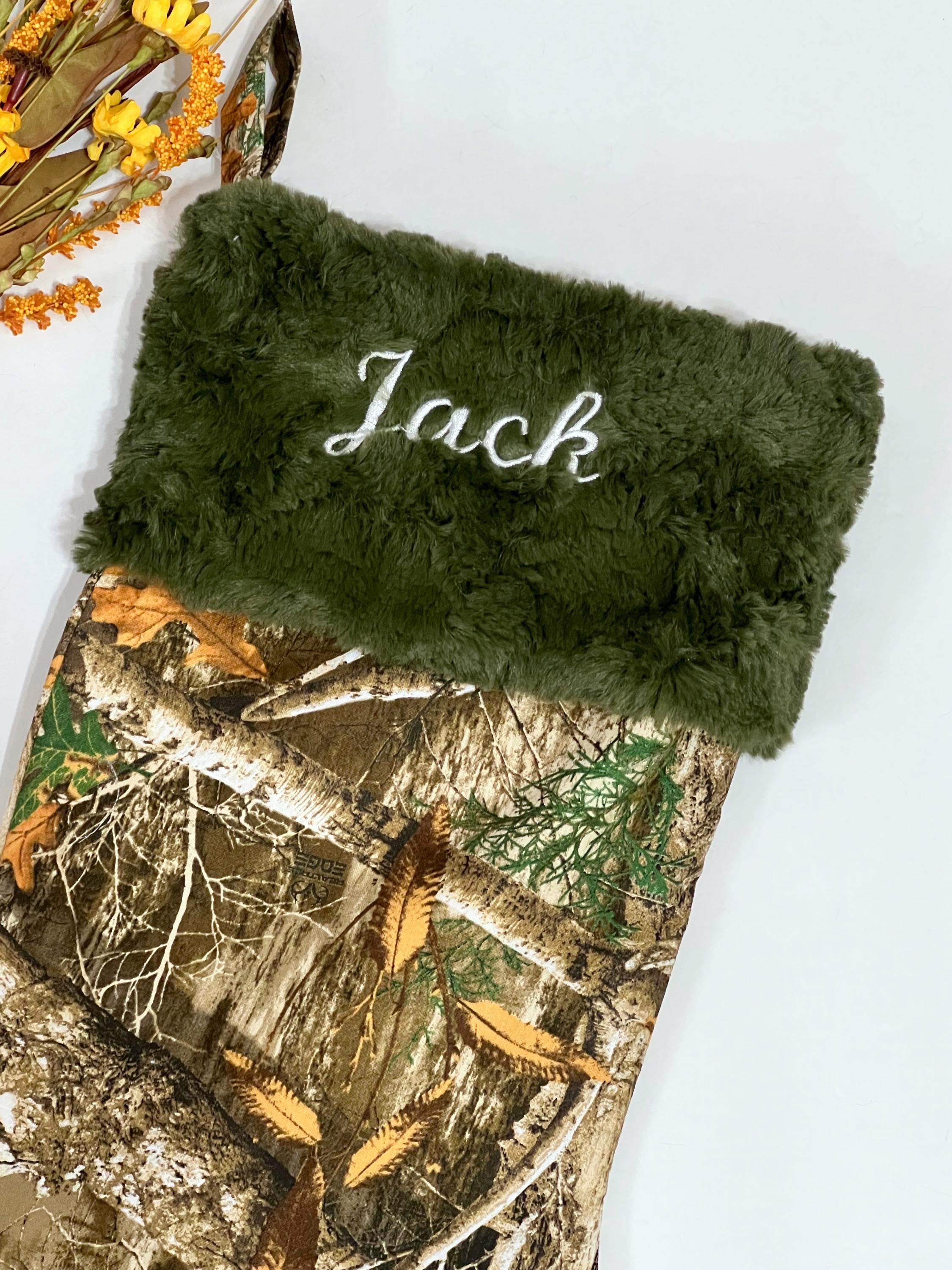 Personalized Christmas stocking for hunting fans in hunter camouflage with minky dot cuff of color choice  18” fully lined pink camo option