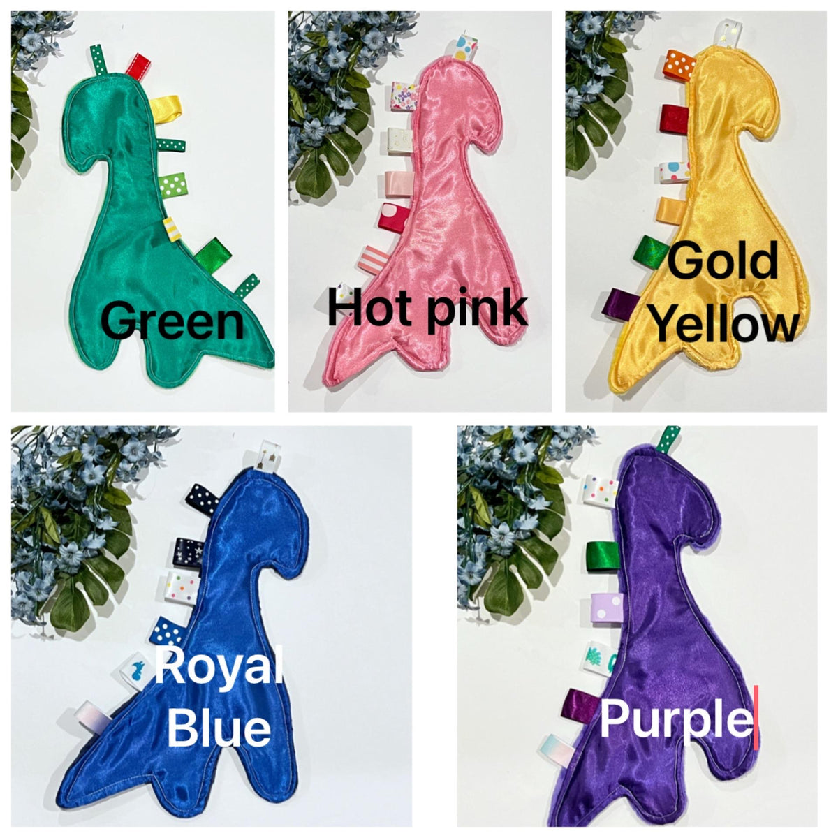 Dinosaur shaped satin and minky sensory lovey wth ribbon tags, toy for baby or child, soothing and calming, 12", choose colors, add crinkle