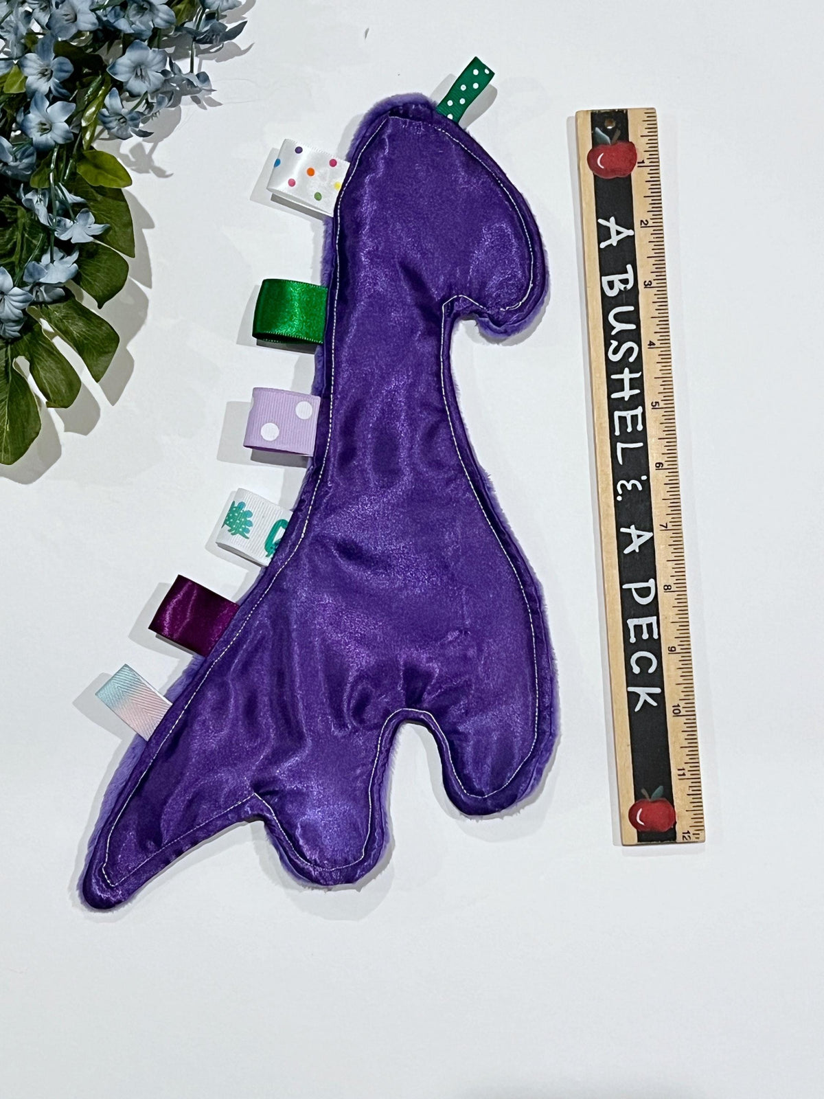 Dinosaur shaped satin and minky sensory lovey wth ribbon tags, toy for baby or child, soothing and calming, 12", choose colors, add crinkle