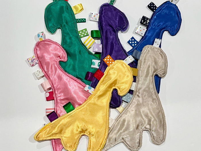 Dinosaur shaped satin and minky sensory lovey wth ribbon tags, toy for baby or child, soothing and calming, 12", choose colors, add crinkle