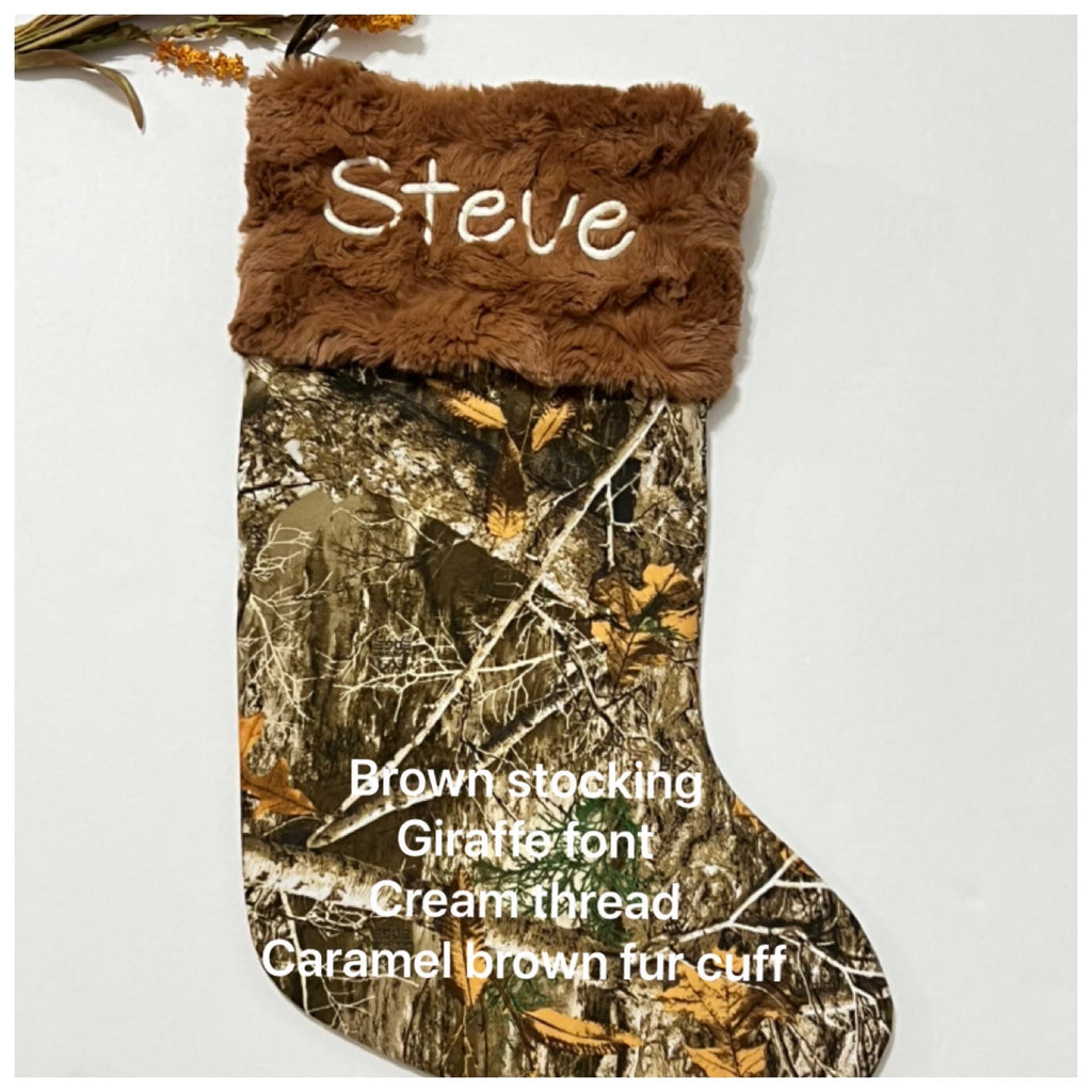 Personalized Christmas stocking for hunting fans in hunter camouflage with minky dot cuff of color choice  18” fully lined pink camo option