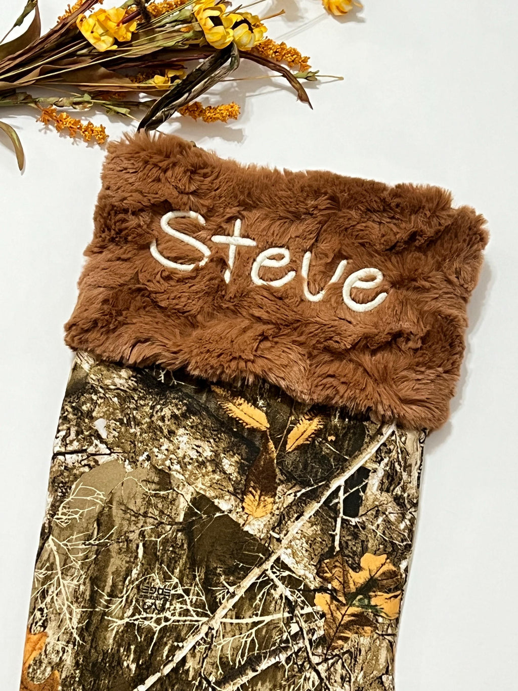 Personalized Christmas stocking for hunting fans in hunter camouflage with minky dot cuff of color choice  18” fully lined pink camo option